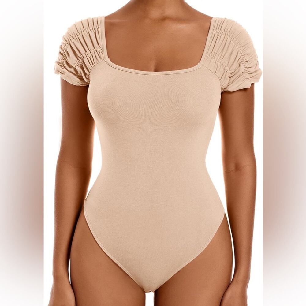 Bodysuit Square Neck Stretchy Ribbed Short Sleeve Casual One Piece‎ Tops Size M